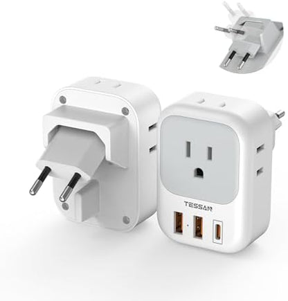 TESSAN European Travel Plug Adapter 2 Packs, Type C Europe Adaptor Foldable Plug 4 Outlets 3 USB(1 USB C PD 20W), US to Spain France Italy Germany Denmark Iceland European Travel Must Haves