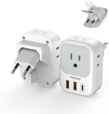 TESSAN European Travel Plug Adapter 2 Packs, Type C Europe Adaptor Foldable Plug 4 Outlets 3 USB(1 USB C PD 20W), US to Spain France Italy Germany Denmark Iceland European Travel Must Haves