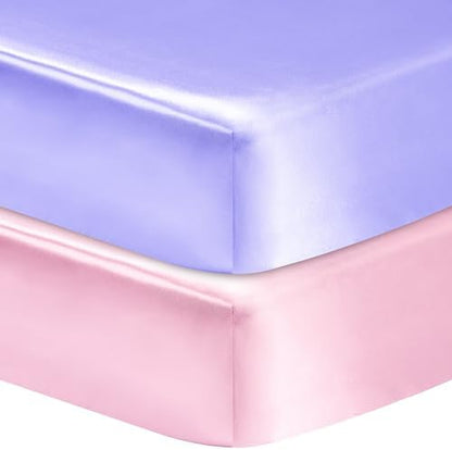 2 Pack Satin Soft Crib Sheet for Baby with Sensitive Hair Silky Baby Mattress Sheet Pink and Violet Unisex 52’’x28’’x8’’ Fitted Sheets