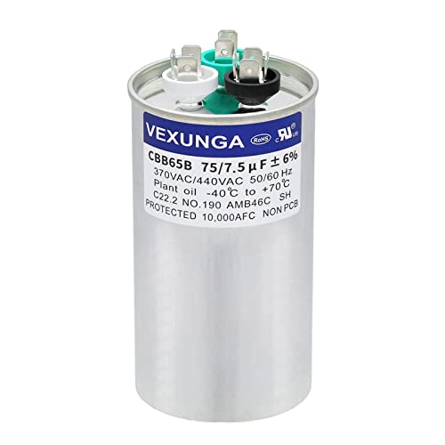 75/7.5 uF 75+7.5 MFD 370V or 440V Dual Run Start Round A/C Capacitor CBB65 CBB65B Air Conditioner Capacitors for AC Unit Fan Motor Start or Heat Pump or Condenser Straight Cool