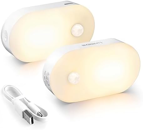 Lyridz Rechargeable Battery Night Light with Motion Sensor, Portable Mini Warm White LED Stick-on Closet Light, Adjustable Brightness for Bathroom, Bedroom, Kitchen, Cabinet, Stairs, Hallway, 2-Pack