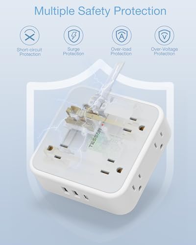 Power Strip Surge Protector 10 Ft Cord, 8 AC Outlets, 3 USB Charger(1 USB C Port), TESSAN Ultra Thin Extension Cord, Flat Plug, 900 Joules Protection, Desk Charging Station for Home, Office