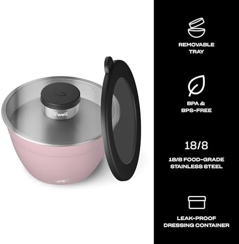 S’well Stainless Steel 64oz Salad Bowl Kit, Pink Topaz Color, Comes with 2oz Mini Canister and Removable Tray for Organization, Leakproof and Dishwasher Safe