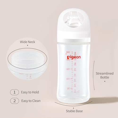 Pigeon PP Nursing Bottle Wide Neck, Anti-Colic, Streamlined Body, Natural Feel, Easy to Clean, 8.1 Oz(Pack of 4), Includes 4pcs M Nipples (3m+)