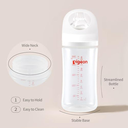 Pigeon PP Nursing Bottle Wide Neck, Anti-Colic, Streamlined Body, Natural Feel, Easy to Clean, 8.1 Oz(Pack of 4), Includes 4pcs M Nipples (3m+)