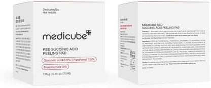 Medicube Red Succinic Acid Panthenol Facial Peeling Pads - Exfoliating Toner Pads for Breakout-Prone Skin with Niacinamide, AHA, BHA, and Soothing Panthenol - Non-Comedogenic