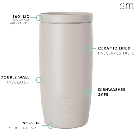 Simple Modern Travel Coffee Mug Tumbler with 360° Lid | Ceramic-Lined Insulated Stainless Steel Cold Brew Iced Coffee Cup Thermos | Gift for Women Men Her Him | Voyager Signature | 16oz | Almond Birch
