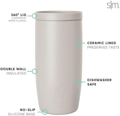 Simple Modern Travel Coffee Mug Tumbler with 360° Lid | Ceramic-Lined Insulated Stainless Steel Cold Brew Iced Coffee Cup Thermos | Gift for Women Men Her Him | Voyager Signature | 16oz | Almond Birch