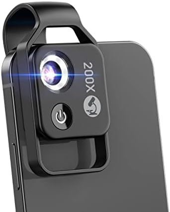 200X Phone Mini Pocket Microscope with LED Light/Universal Clip, Portable Digital Microscope Camera Attachments for 99% Smartphone, Microworld for Kids Adults (Black, 200X Without CPL)