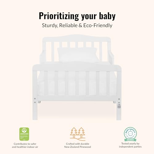 Dream On Me Classic Design Toddler Bed In White, Greenguard Gold And JPMA Certified, Low To Floor Design, Two Side Safety rails, Non-Toxic Finishes, Wooden Nursery Furniture