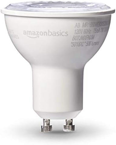 Amazon Basics MR16 LED Light Bulb, 50 Watt Equivalent, Energy Efficient 7W, GU10 Base, Warm White 3000K, Dimmable, 10,000 Hour Lifetime , 6-Pack