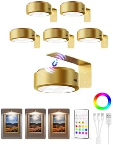 EZVALO Picture Lights for Wall, 2000mAh Rechargeable Battery Magnetic Poster Lights with 3 Color Temps & 12 RGB, Remote Dimmable Timer Painting Light, Wall Decor Light for Art Display, Frame (6 Pack)
