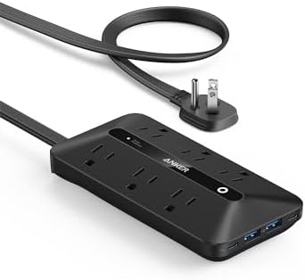 Anker Flat Plug Power Strip 300J with USB Ports, 10-in-1 Ultra Thin Power Strip with 6 AC, 2 USB-A and 2 USB-C Ports,5feet Extension Cord, Desk Charging Station,Home Office College Dorm