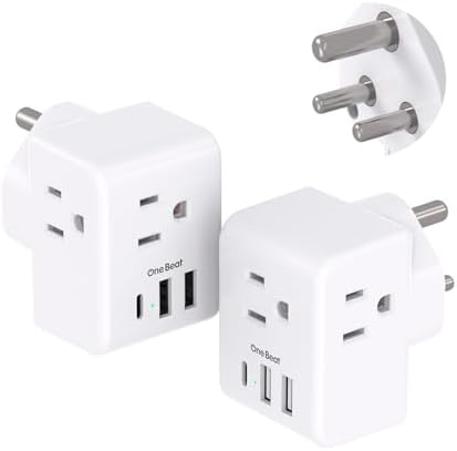 2 Pack India Power Adapter, One Beat Type D Plug Adapter with 3 American Outlets 3 USB Ports(1USB C), 6 in 1 India Travel Plug Adapter for US to India, Bangladesh, Kuwait, Maldives