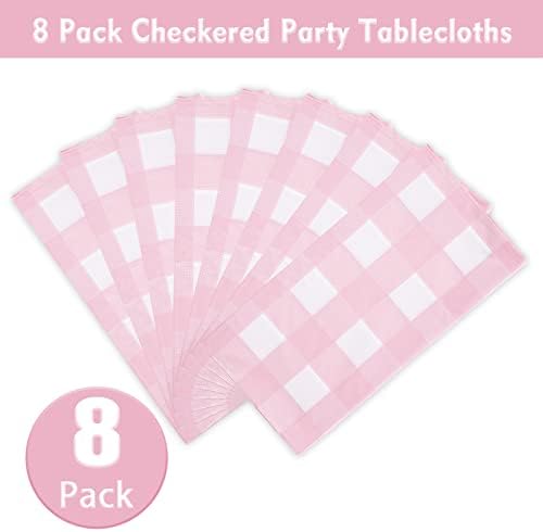 Kesfey 8 Packs Pink and White Checkered Tablecovers 54 x 108 Inches Disposable Party Picnic Table Cloth SpillProof Plastic Gingham Tablecovers for Camping Decoration Party Favors