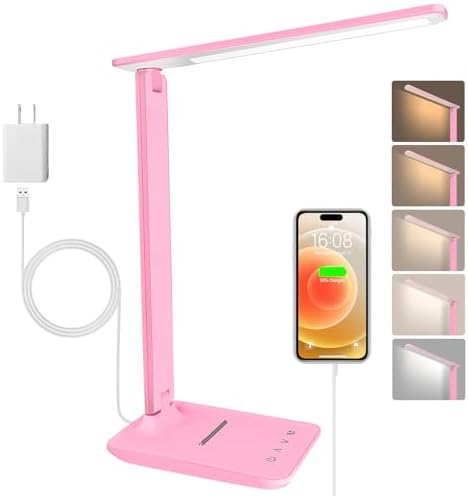 White crown LED Desk Lamp Dimmable Table Lamp Reading Lamp with USB Charging Port, 5 Lighting Modes, Sensitive Control, 30/60 Minutes Timer (Pink, First-Generation)
