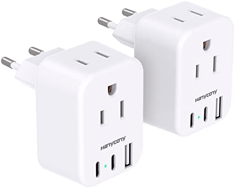 European Plug Adapter, HANYCONY International Power Adapter, US to Europe Adapter Plug 2 Outlets 3 USB Ports(2 USB C), Type C Plug Adapter to Italy Spain France Portugal Iceland Germany