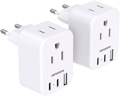 European Plug Adapter, HANYCONY International Power Adapter, US to Europe Adapter Plug 2 Outlets 3 USB Ports(2 USB C), Type C Plug Adapter to Italy Spain France Portugal Iceland Germany