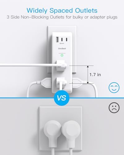 Surge Protector Outlet Extender with Rotating Plug, 6 AC Multi Plug Outlet with 3 USB Ports (2 USB C), 1800 Joules, 3-Sided Swivel Power Strip with Spaced Outlet Splitter for Home, Office, Dorm, White