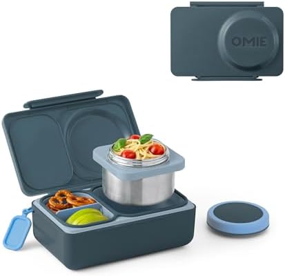 Omie OmieBox UP bento Box for Kids | Insulated Lunch Box | Leak Proof Vacuum Insulated Thermal Food jar | Cooler ice Pack | 2 Compartments (Graphite)