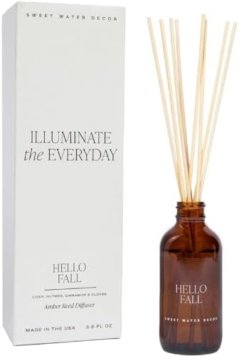 Sweet Water Decor Hello Fall Reed Diffuser Set - Hot Cider, Cinnamon, Cloves, Apple, and Nutmeg Fall Scented Diffuser - Scent Diffusers for Home, Fall Home Decor Long Lasting Fragrance Made in the USA