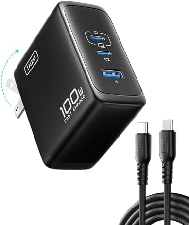 INIU USB C Charger Block, 3-Port 100W PD Fast Charging, MacBook Charger with USB C Cable and Foldable Plug, GaN Tech, for MacBook Pro/Air, Laptop, iPhone 16, Samsung S25, iPad, Multiple Devices etc