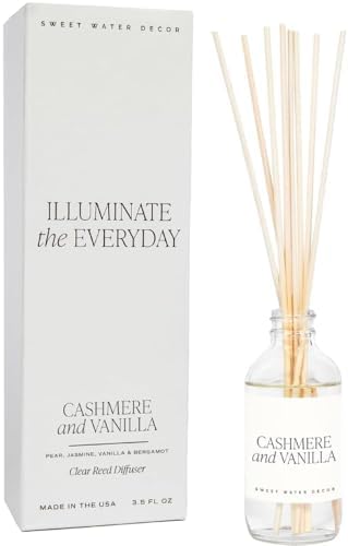 Sweet Water Decor Non-Toxic Cashmere and Vanilla Reed Diffuser Set, Cashmere, Sandalwood, Milky Coconut, Bourbon Vanilla Scented Diffuser for Home, Light Fragrance, Made in the USA, 3.5 FL OZ