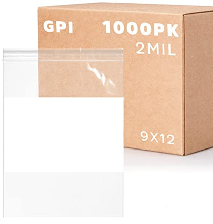 GPI Case of 1000 9" X 12" Clear Plastic Reclosable Zip Bags - Bulk 2 Mil Thick Strong & Durable Poly Baggies with Resealable Zipper Top Lock & Write-on White Block, for Storage, Packaging & Shipping