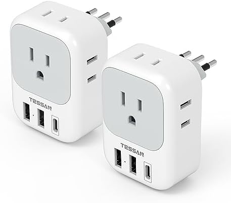 Italy Travel Plug Adapter 2 Pack, TESSAN Italy Power Adaptor with 4 Outlets 3 USB Charger (1 USB C Port), Type L Adapter for US to Chile Ethiopia Libya Syria Tunisia Uruguay