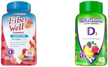 Vitafusion Fiber Well Sugar Free Fiber Supplement & Vitamin D3 Gummy Vitamins for Bone and Immune System Support, Peach, Blackberry and Strawberry Flavored, 50 mcg Vitamin D, 75 Day Supply, 150 Count
