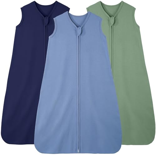 Baby Sleep Sack 6-12 Months, 100% Cotton Sleeping Sack for Newborn and Infant, 3 Pack Baby Wearable Blanket, 0.5 Tog Lightweight Double Zipper Sleep Bag Cyan