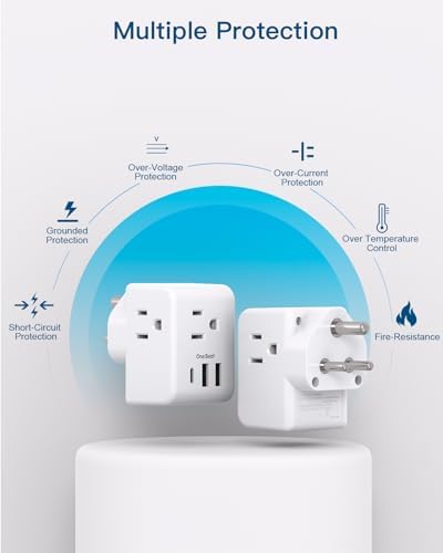 2 Pack India Power Adapter, One Beat Type D Plug Adapter with 3 American Outlets 3 USB Ports(1USB C), 6 in 1 India Travel Plug Adapter for US to India, Bangladesh, Kuwait, Maldives