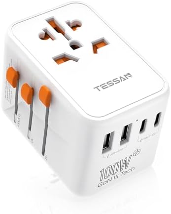 TESSAN Universal Travel Adapter 100W GaN, International Power Adapter with 5 USB(3 USB C) Charging Ports, Worldwide Outlet for US to European Europe UK AUS Ireland(Type C/G/A/I)