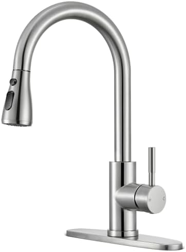 Kitchen Faucets with Pull Down Sprayer, High Arc Single Handle Stainless Steel Commercial Kitchen Faucet 1 or 3 Hole Sink Faucet for Farmhouse Camper Laundry Rv Bar, Brushed Nickel