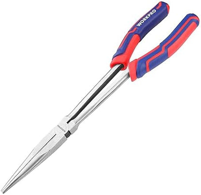 WORKPRO Premium 11” Extra Long Needle Nose Pliers, Paper Clamp Precision, Heavy-Duty CRV Steel, Soft Grip