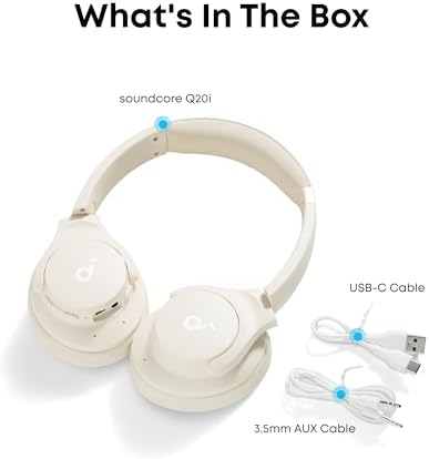 Soundcore by Anker Q20i Hybrid Active Noise Cancelling Headphones, Wireless Over-Ear Bluetooth, 40H Long ANC Playtime, Hi-Res Audio, Big Bass, Customize via an App, Transparency Mode (White)