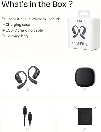 SHOKZ New OpenFit 2 Open-Ear Headphones, True Wireless Bluetooth Earphones with Microphone, Earhook Earbuds with 48 Hours of Playtime, Fast Charging, IP55 Water-Resistant, with Carrying Bag, Black