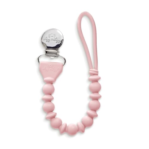 Itzy Ritzy Silicone Pacifier Clip; 100% Food Grade Silicone Pacifier Strap with Clip Keeps Pacifiers, Teethers & Small Toys in Place; Features One-Piece Design & Cord (Pink with Silver Clasp)