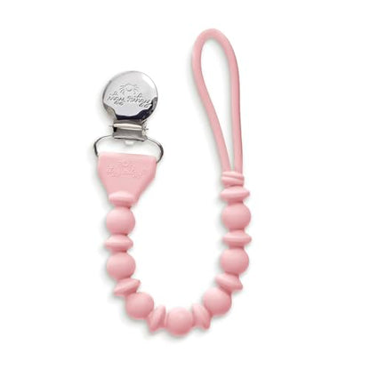 Itzy Ritzy Silicone Pacifier Clip; 100% Food Grade Silicone Pacifier Strap with Clip Keeps Pacifiers, Teethers & Small Toys in Place; Features One-Piece Design & Cord (Pink with Silver Clasp)