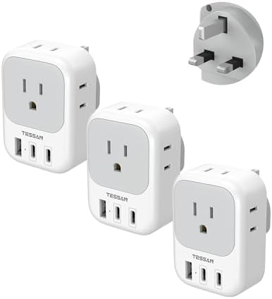 US to UK Plug Adapter 3 Pack, TESSAN Type G Adapter for Travel with 4 Outlets 3 USB (2 USB-C), Power Adaptor for US to UK Ireland London Scotland Kenya Dubai Singapore Hong Kong