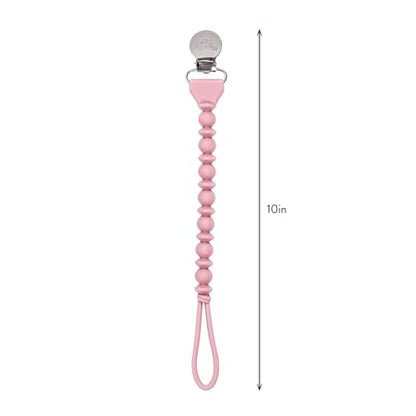 Itzy Ritzy Silicone Pacifier Clip; 100% Food Grade Silicone Pacifier Strap with Clip Keeps Pacifiers, Teethers & Small Toys in Place; Features One-Piece Design & Cord (Pink with Silver Clasp)