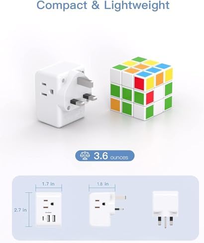 2 Pack US to UK Ireland Travel Plug Adapter, Type G Power Plug Adapter with 3 Outlets 3 USB Ports(1USB C), European Travel Plug Adapter for USA to England London Scotland British Qatar Irish Hongkong