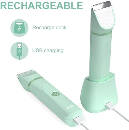 OLOV Electric Body Hair Trimmer - Groin Trimmer for Men - Bikini Trimmer Women - Wet/Dry Shaver Groomer, Replaceable Ceramic Blade Heads, USB Recharge Dock, Waterproof Hygiene Razor, Green