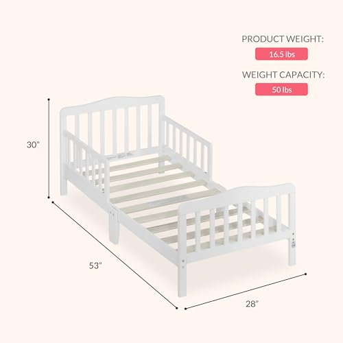 Dream On Me Classic Design Toddler Bed In White, Greenguard Gold And JPMA Certified, Low To Floor Design, Two Side Safety rails, Non-Toxic Finishes, Wooden Nursery Furniture