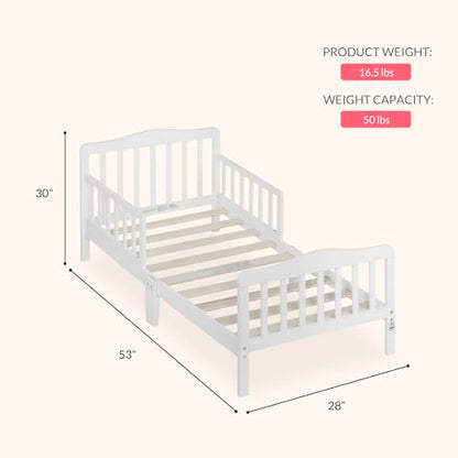 Dream On Me Classic Design Toddler Bed In White, Greenguard Gold And JPMA Certified, Low To Floor Design, Two Side Safety rails, Non-Toxic Finishes, Wooden Nursery Furniture