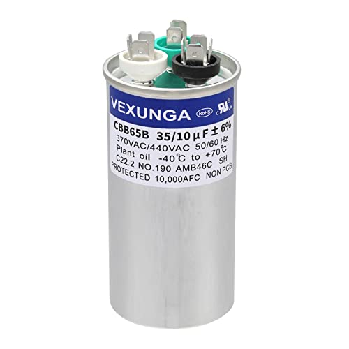 35/10 uF 35+10 MFD 370VAC or 440VAC Dual Run Start Round A/C Capacitor CBB65 CBB65B Air Conditioner Capacitors for AC Unit Fan Motor Start or Heat Pump or Condenser Straight Cool