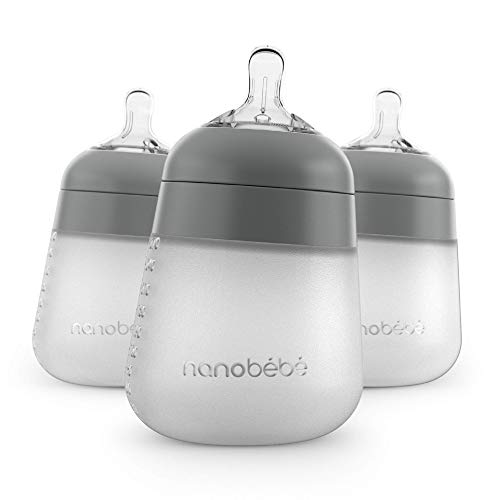Nanobebe Flexy Silicone Baby Bottle, Anti-Colic, Natural Feel, Non-Collapsing Nipple, Non-Tip Stable Base, Easy to Clean, 3-Pack, Gray, 9oz