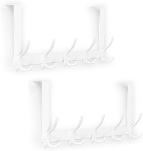 Over The Door Hooks for Hanging, Over The Door Hanger with 5 Triple Coat Hooks, Over The Door Towel Rack for Bathroom, Door Hanger Hooks for Coat, Bags and Hat (White, 2 Pack)