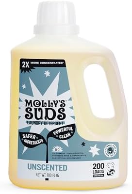 Molly's Suds Liquid Laundry Detergent | Clean Laundry Detergent Soap for Sensitive Skin | 2x Concentrated, High Efficiency (HE) (Unscented - 200 Loads)
