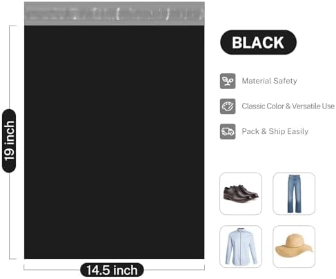 Metronic Black Poly Mailers 14.5x19 Large 100 Pack Self-Seal Shipping Bags, Packaging Envelopes for Small Business, Boutique, Clothing